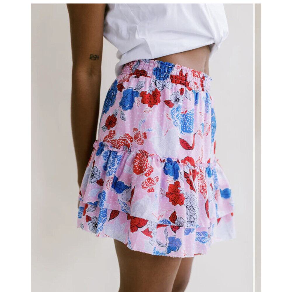 NWT Steve Madden XS Mini Skirt Pink Ruffle Maya Floral Beach Coastal Whimsy - Picture 2 of 8